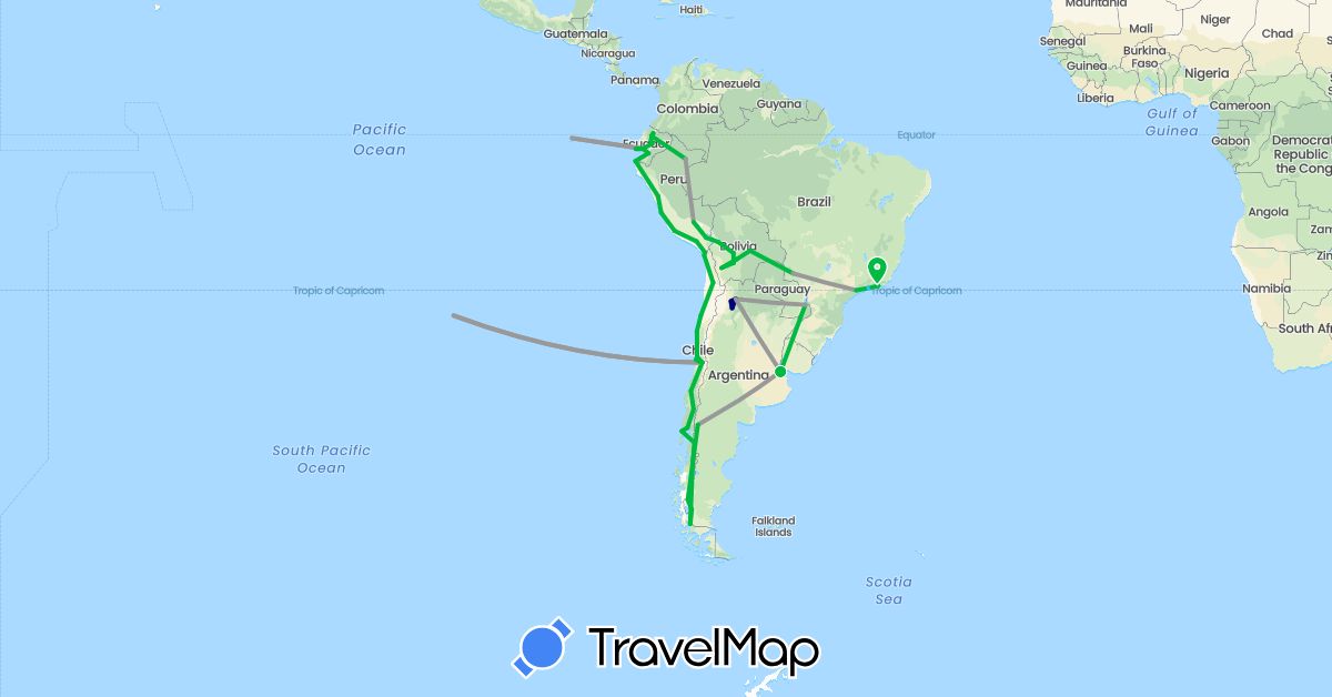 TravelMap itinerary: driving, bus, plane, boat in Argentina, Bolivia, Brazil, Chile, Ecuador, Peru (South America)